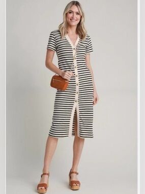 RD Style Black and Cream cotton Striped Button-Front Midi Dress